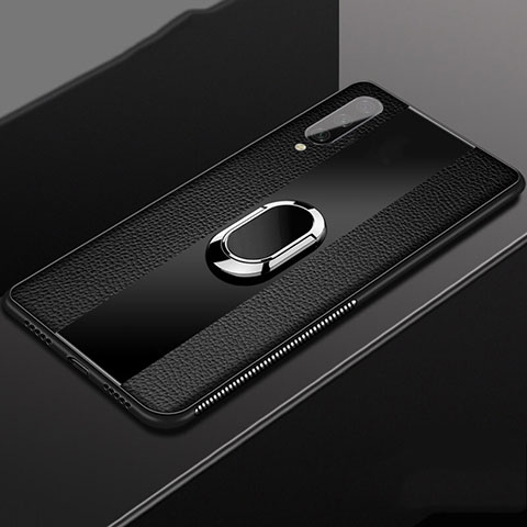 Silikon Hülle Handyhülle Gummi Schutzhülle Flexible Leder Tasche mit Magnetisch Fingerring Ständer T04 für Xiaomi Mi A3 Schwarz