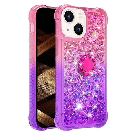Silikon Hülle Handyhülle Gummi Schutzhülle Flexible Tasche Bling-Bling mit Fingerring Ständer S02 für Apple iPhone 13 Pink