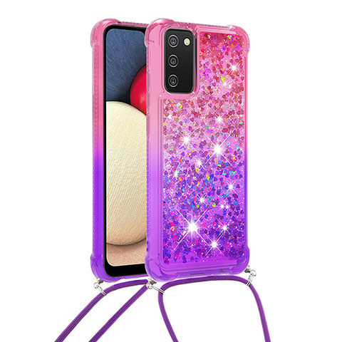 Silikon Hülle Handyhülle Gummi Schutzhülle Flexible Tasche Bling-Bling mit Schlüsselband Lanyard S01 für Samsung Galaxy A02s Pink