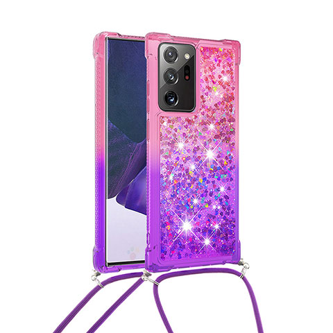 Silikon Hülle Handyhülle Gummi Schutzhülle Flexible Tasche Bling-Bling mit Schlüsselband Lanyard S01 für Samsung Galaxy Note 20 Ultra 5G Pink