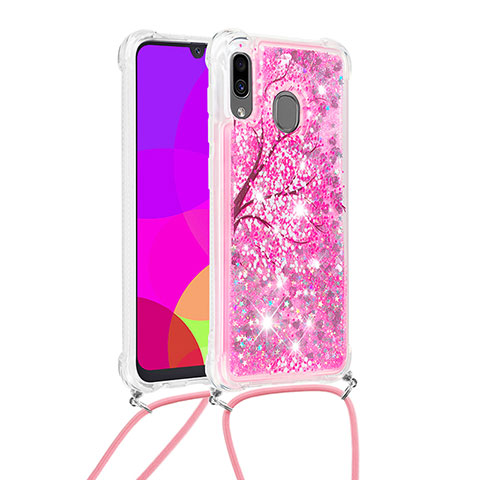 Silikon Hülle Handyhülle Gummi Schutzhülle Flexible Tasche Bling-Bling mit Schlüsselband Lanyard S02 für Samsung Galaxy A20 Pink