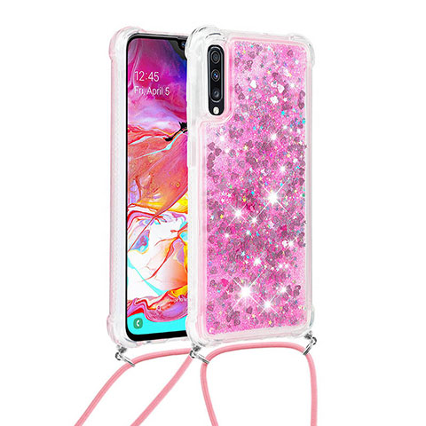 Silikon Hülle Handyhülle Gummi Schutzhülle Flexible Tasche Bling-Bling mit Schlüsselband Lanyard S03 für Samsung Galaxy A70 Pink