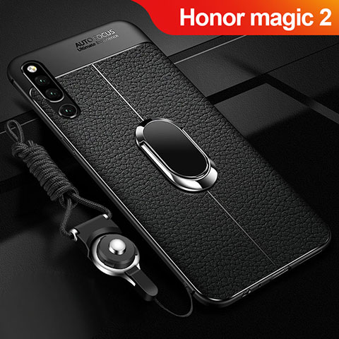 Silikon Hülle Handyhülle Gummi Schutzhülle Leder Tasche mit Magnetisch Fingerring Ständer A01 für Huawei Honor Magic 2 Schwarz