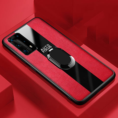 Silikon Hülle Handyhülle Gummi Schutzhülle Leder Tasche mit Magnetisch Fingerring Ständer S03 für Huawei P40 Pro+ Plus Rot