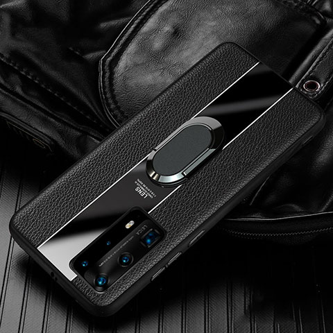 Silikon Hülle Handyhülle Gummi Schutzhülle Leder Tasche mit Magnetisch Fingerring Ständer S04 für Huawei P40 Pro+ Plus Schwarz