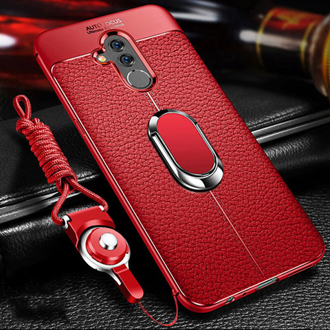 Silikon Hülle Handyhülle Gummi Schutzhülle Leder Tasche mit Magnetisch Fingerring Ständer T01 für Huawei Mate 20 Lite Rot