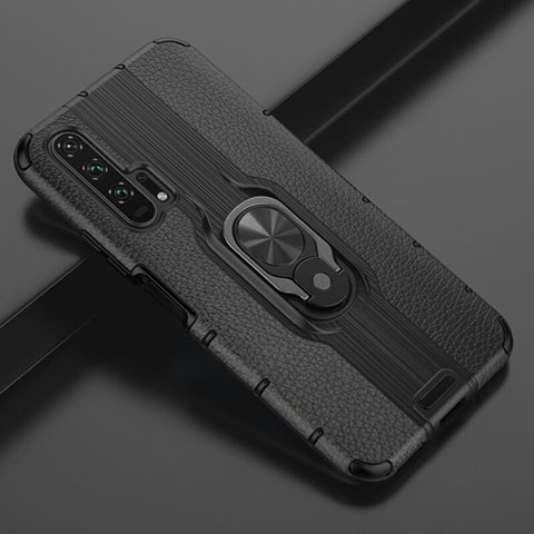 Silikon Hülle Handyhülle Gummi Schutzhülle Leder Tasche mit Magnetisch Fingerring Ständer T03 für Huawei Honor 20 Pro Schwarz