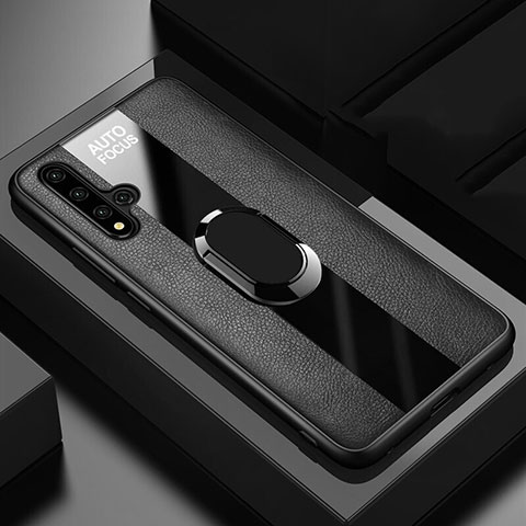 Silikon Hülle Handyhülle Gummi Schutzhülle Leder Tasche mit Magnetisch Fingerring Ständer T03 für Huawei Honor 20S Schwarz
