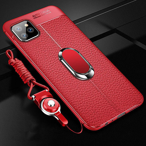 Silikon Hülle Handyhülle Gummi Schutzhülle Leder Tasche mit Magnetisch Fingerring Ständer T04 für Apple iPhone 11 Pro Max Rot