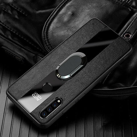 Silikon Hülle Handyhülle Gummi Schutzhülle Leder Tasche mit Magnetisch Fingerring Ständer T05 für Huawei P30 Lite Schwarz