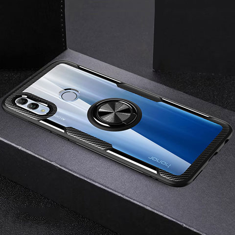 Silikon Hülle Handyhülle Rahmen Schutzhülle Durchsichtig Transparent Spiegel 360 Grad mit Magnetisch Fingerring Ständer für Huawei Honor 10 Lite Schwarz