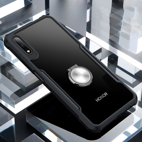 Silikon Hülle Handyhülle Rahmen Schutzhülle Durchsichtig Transparent Spiegel 360 Grad mit Magnetisch Fingerring Ständer für Huawei Honor 9X Schwarz