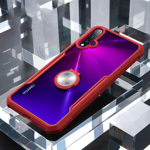 Silikon Hülle Handyhülle Rahmen Schutzhülle Durchsichtig Transparent Spiegel 360 Grad mit Magnetisch Fingerring Ständer für Huawei Nova 5 Pro Rot