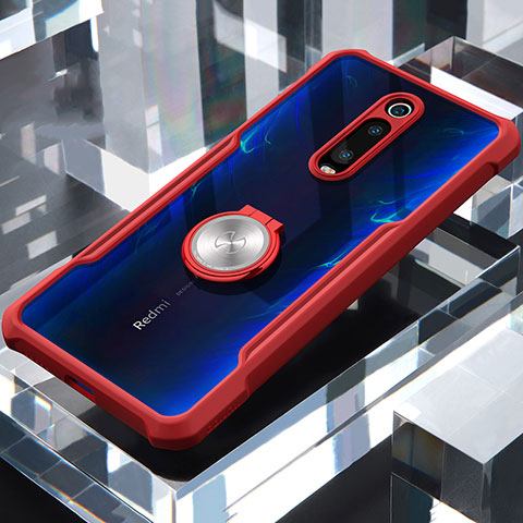 Silikon Hülle Handyhülle Rahmen Schutzhülle Durchsichtig Transparent Spiegel 360 Grad mit Magnetisch Fingerring Ständer für Xiaomi Mi 9T Pro Rot