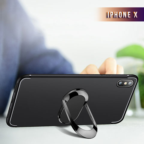 Silikon Hülle Handyhülle Ultra Dünn Schutzhülle Durchsichtig Transparent mit Fingerring Ständer R01 für Apple iPhone Xs Max Schwarz