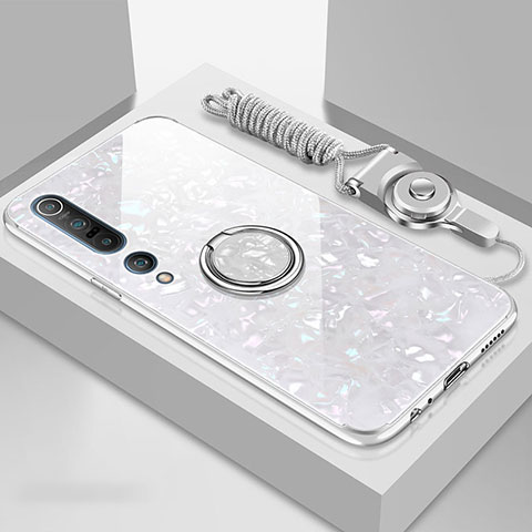 Silikon Hülle Handyhülle Ultra Dünn Schutzhülle Flexible Tasche Silikon mit Magnetisch Fingerring Ständer T01 für Xiaomi Mi 10 Pro Weiß
