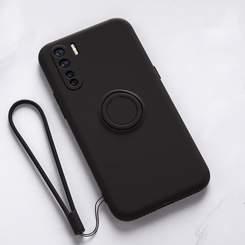 Silikon Hülle Handyhülle Ultra Dünn Schutzhülle Flexible Tasche Silikon mit Magnetisch Fingerring Ständer T03 für Oppo Find X2 Lite Schwarz