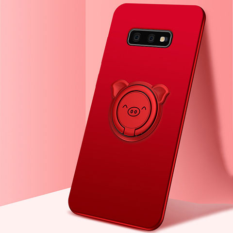 Silikon Hülle Handyhülle Ultra Dünn Schutzhülle Flexible Tasche Silikon mit Magnetisch Fingerring Ständer T03 für Samsung Galaxy S10e Rot