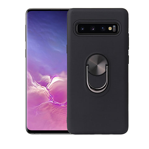 Silikon Hülle Handyhülle Ultra Dünn Schutzhülle Flexible Tasche Silikon mit Magnetisch Fingerring Ständer T07 für Samsung Galaxy S10 Schwarz