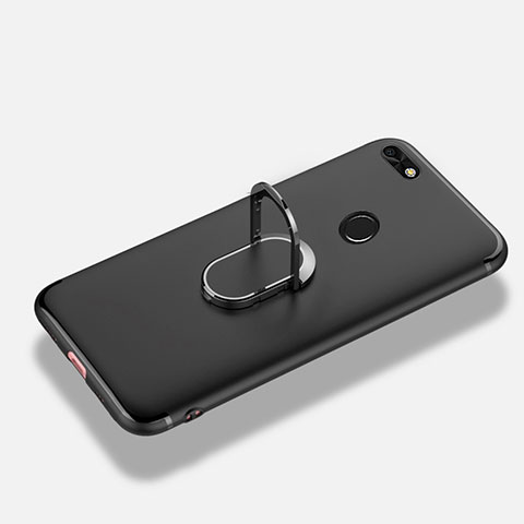 Silikon Hülle Handyhülle Ultra Dünn Schutzhülle Silikon mit Fingerring Ständer für Huawei Y6 Pro (2017) Schwarz