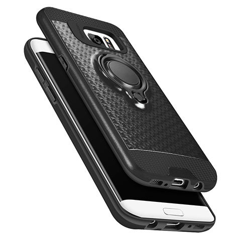 Silikon Hülle Handyhülle Ultra Dünn Schutzhülle Silikon mit Magnetisch Fingerring Ständer A02 für Samsung Galaxy S7 Edge G935F Schwarz