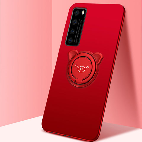 Silikon Hülle Handyhülle Ultra Dünn Schutzhülle Tasche Flexible mit Magnetisch Fingerring Ständer A01 für Huawei Nova 7 5G Rot