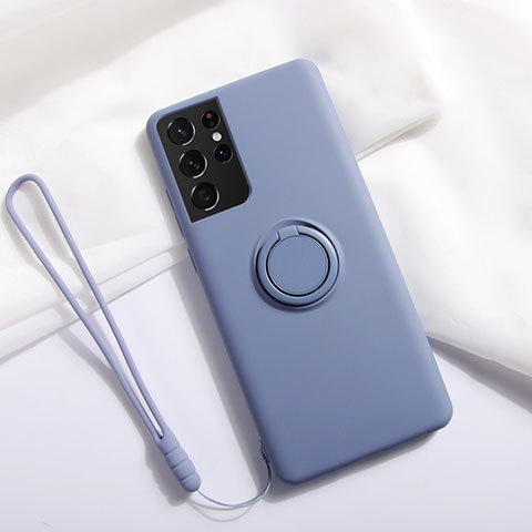 Silikon Hülle Handyhülle Ultra Dünn Schutzhülle Tasche Flexible mit Magnetisch Fingerring Ständer A01 für Samsung Galaxy S21 Ultra 5G Lavendel Grau