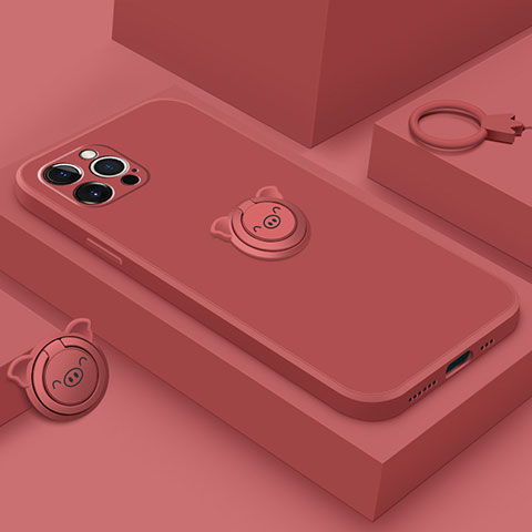 Silikon Hülle Handyhülle Ultra Dünn Schutzhülle Tasche Flexible mit Magnetisch Fingerring Ständer A07 für Apple iPhone 15 Pro Rot