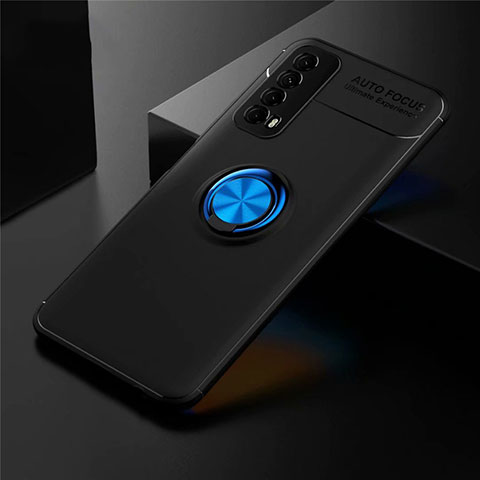 Silikon Hülle Handyhülle Ultra Dünn Schutzhülle Tasche Flexible mit Magnetisch Fingerring Ständer für Huawei P Smart (2021) Blau und Schwarz
