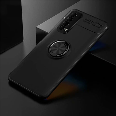 Silikon Hülle Handyhülle Ultra Dünn Schutzhülle Tasche Flexible mit Magnetisch Fingerring Ständer für Huawei P Smart (2021) Schwarz
