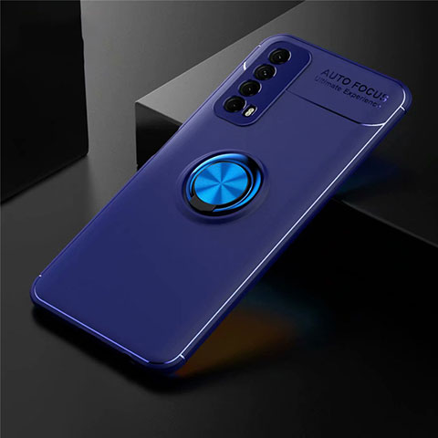Silikon Hülle Handyhülle Ultra Dünn Schutzhülle Tasche Flexible mit Magnetisch Fingerring Ständer für Huawei Y7a Blau