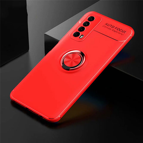 Silikon Hülle Handyhülle Ultra Dünn Schutzhülle Tasche Flexible mit Magnetisch Fingerring Ständer für Huawei Y7a Rot