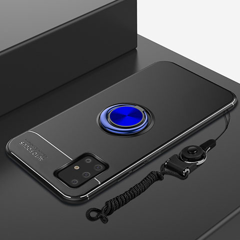 Silikon Hülle Handyhülle Ultra Dünn Schutzhülle Tasche Flexible mit Magnetisch Fingerring Ständer für Samsung Galaxy A51 5G Blau und Schwarz
