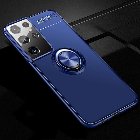 Silikon Hülle Handyhülle Ultra Dünn Schutzhülle Tasche Flexible mit Magnetisch Fingerring Ständer für Samsung Galaxy S21 Ultra 5G Blau