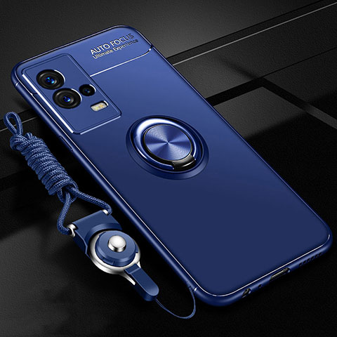Silikon Hülle Handyhülle Ultra Dünn Schutzhülle Tasche Flexible mit Magnetisch Fingerring Ständer für Vivo iQOO 8 5G Blau