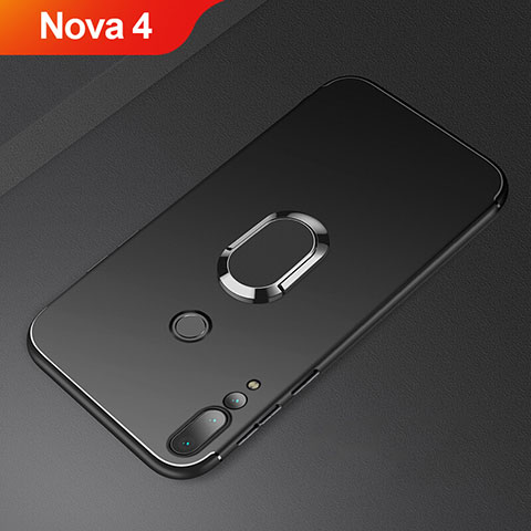 Silikon Hülle Handyhülle Ultra Dünn Schutzhülle Tasche Silikon mit Magnetisch Fingerring Ständer A01 für Huawei Nova 4 Schwarz