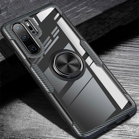 Silikon Hülle Handyhülle Ultra Dünn Schutzhülle Tasche Silikon mit Magnetisch Fingerring Ständer A01 für Huawei P30 Pro Schwarz