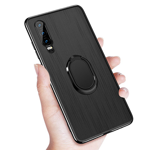 Silikon Hülle Handyhülle Ultra Dünn Schutzhülle Tasche Silikon mit Magnetisch Fingerring Ständer A01 für Huawei P30 Schwarz