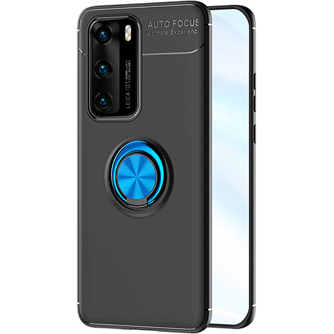 Silikon Hülle Handyhülle Ultra Dünn Schutzhülle Tasche Silikon mit Magnetisch Fingerring Ständer A01 für Huawei P40 Blau und Schwarz