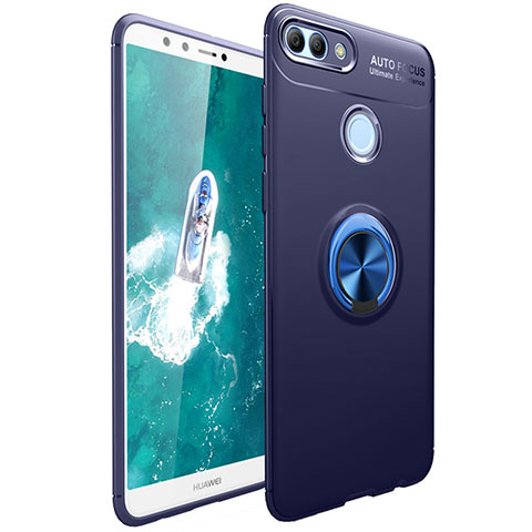 Silikon Hülle Handyhülle Ultra Dünn Schutzhülle Tasche Silikon mit Magnetisch Fingerring Ständer für Huawei Y9 (2018) Blau