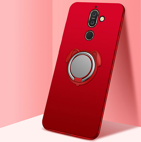 Silikon Hülle Handyhülle Ultra Dünn Schutzhülle Tasche Silikon mit Magnetisch Fingerring Ständer für Nokia 7 Plus Rot