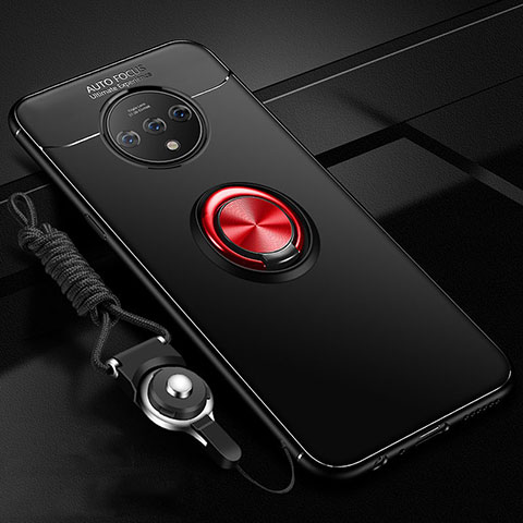 Silikon Hülle Handyhülle Ultra Dünn Schutzhülle Tasche Silikon mit Magnetisch Fingerring Ständer für OnePlus 7T Rot und Schwarz
