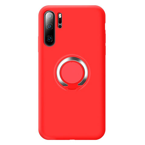 Silikon Hülle Handyhülle Ultra Dünn Schutzhülle Tasche Silikon mit Magnetisch Fingerring Ständer T02 für Huawei P30 Pro Rot