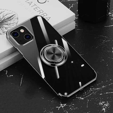 Silikon Hülle Handyhülle Ultradünn Schutzhülle Flexible Tasche Durchsichtig Transparent mit Magnetisch Fingerring Ständer Z02 für Apple iPhone 14 Schwarz