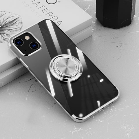 Silikon Hülle Handyhülle Ultradünn Schutzhülle Flexible Tasche Durchsichtig Transparent mit Magnetisch Fingerring Ständer Z02 für Apple iPhone 14 Silber