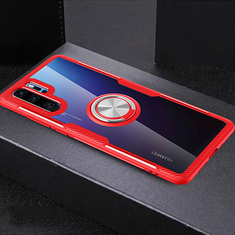 Silikon Hülle Handyhülle Ultradünn Schutzhülle Tasche Durchsichtig Transparent mit Fingerring Ständer C03 für Huawei P30 Pro Rot