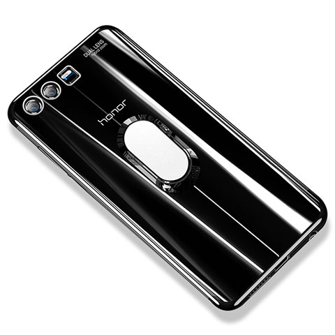 Silikon Hülle Handyhülle Ultradünn Schutzhülle Tasche Durchsichtig Transparent mit Fingerring Ständer S01 für Huawei Honor 9 Premium Schwarz