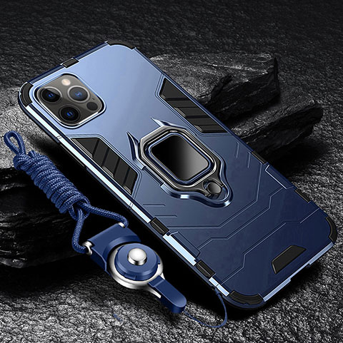 Silikon Hülle Handyhülle und Kunststoff Schutzhülle Hartschalen Tasche mit Magnetisch Fingerring Ständer für Apple iPhone 14 Pro Blau