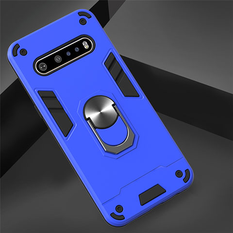 Silikon Hülle Handyhülle und Kunststoff Schutzhülle Hartschalen Tasche mit Magnetisch Fingerring Ständer für LG V60 ThinQ 5G Hellblau