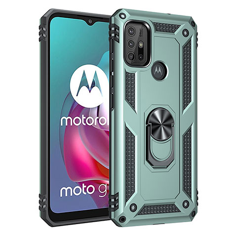 Silikon Hülle Handyhülle und Kunststoff Schutzhülle Hartschalen Tasche mit Magnetisch Fingerring Ständer für Motorola Moto G10 Power Grün